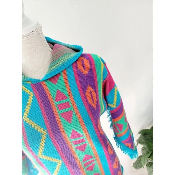 JJ Poole Vintage 80s 90s Aztec Southwestern Hooded Frayed Pullover Sweater XS S - Picture 2 of 12